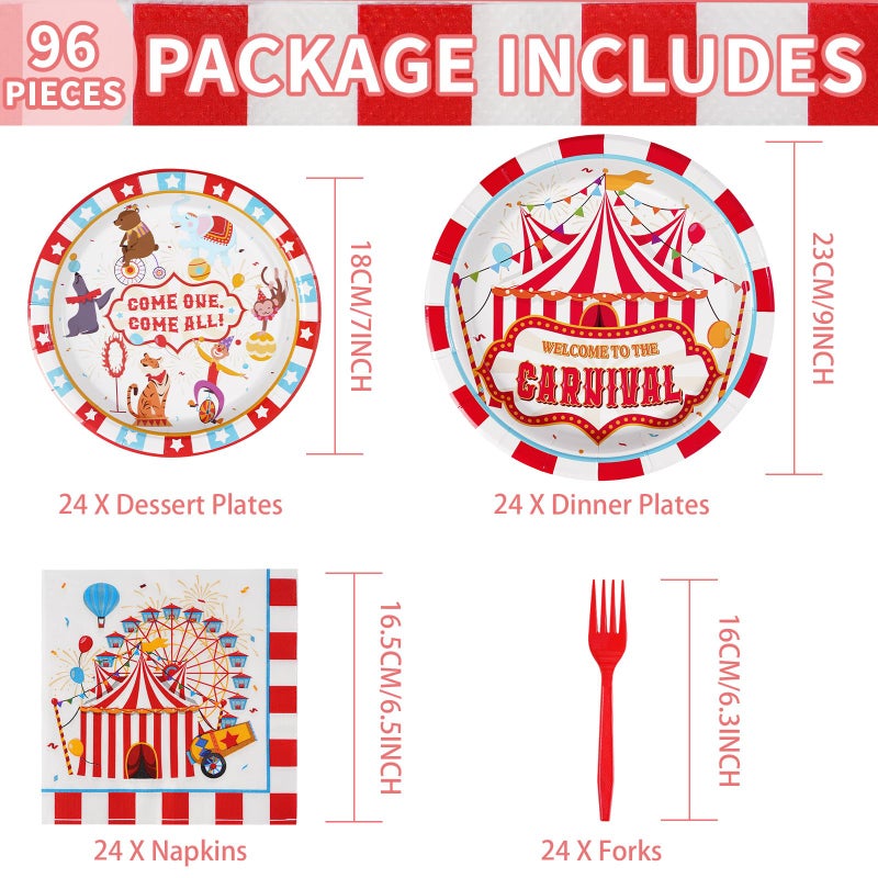Grencian 96Pcs Carnival Party Decorations Carnival Circus Plates and Napkins Disposable Circus Theme Birthday Paper Tableware Set for Birthday Baby Shower Party Supplies, Serves 24 - Image 2